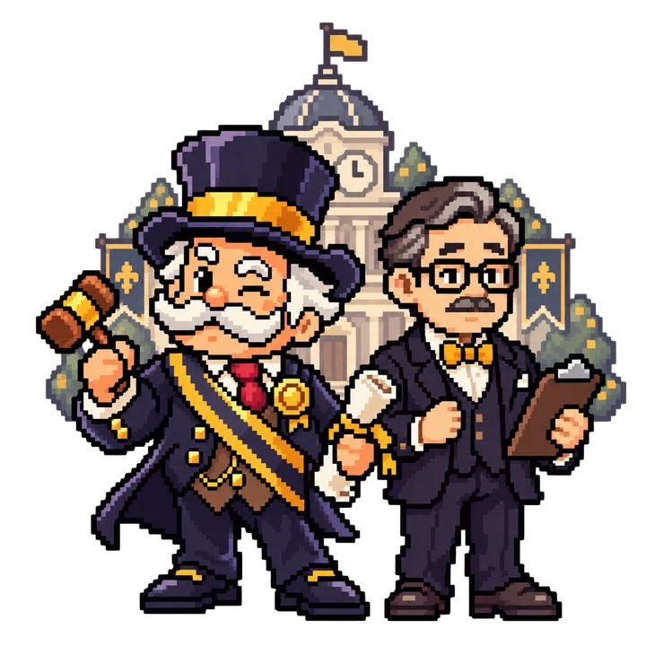 The Mayor Hotline crew: the mayor, the advisor and a few worried residents, in pixel art.